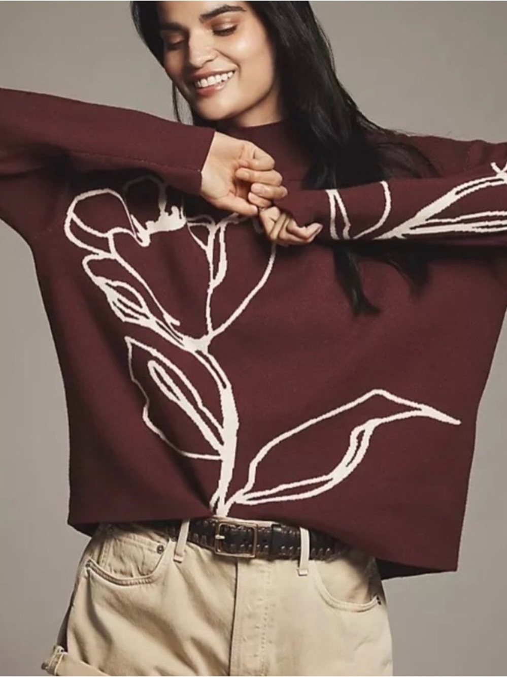 Anthropologie Maeve Carys Mock Neck Sweater Purple Wine Floral Size Small New